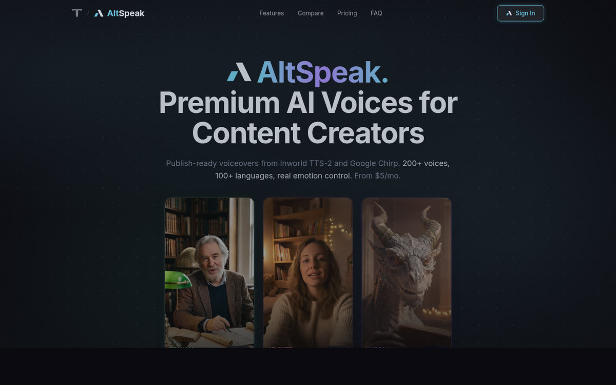 AltSpeak website — A voice product that sounds as premium as it works.