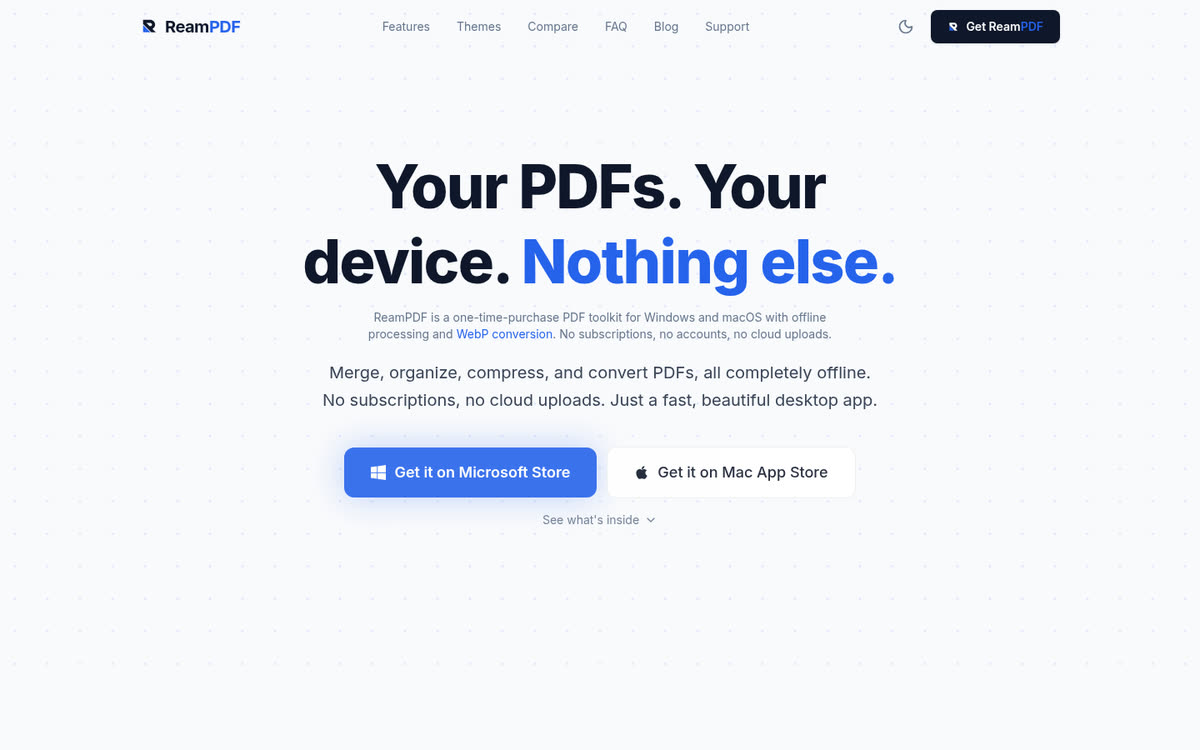 ReamPDF website — One-time purchase, zero compromise on the storefront.